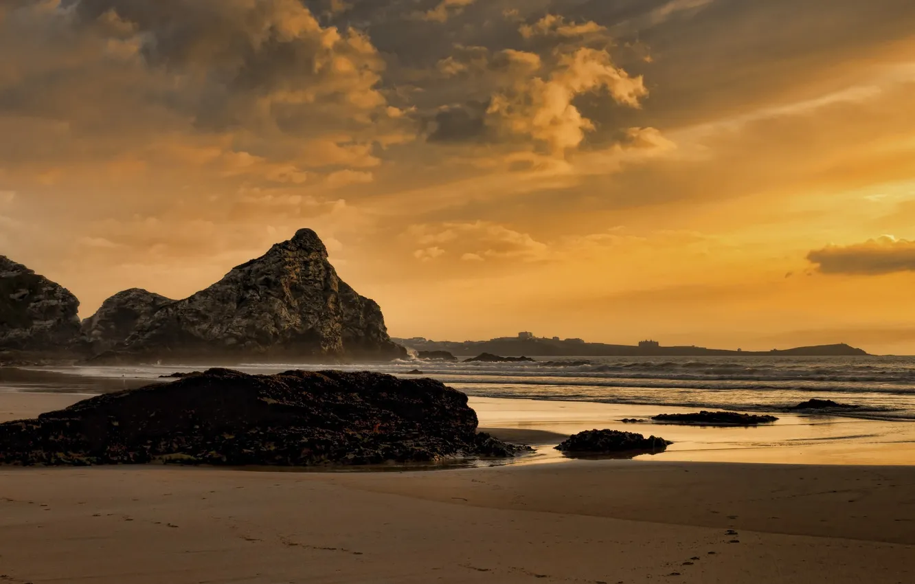 Photo wallpaper sand, sea, sunset, stones, shore