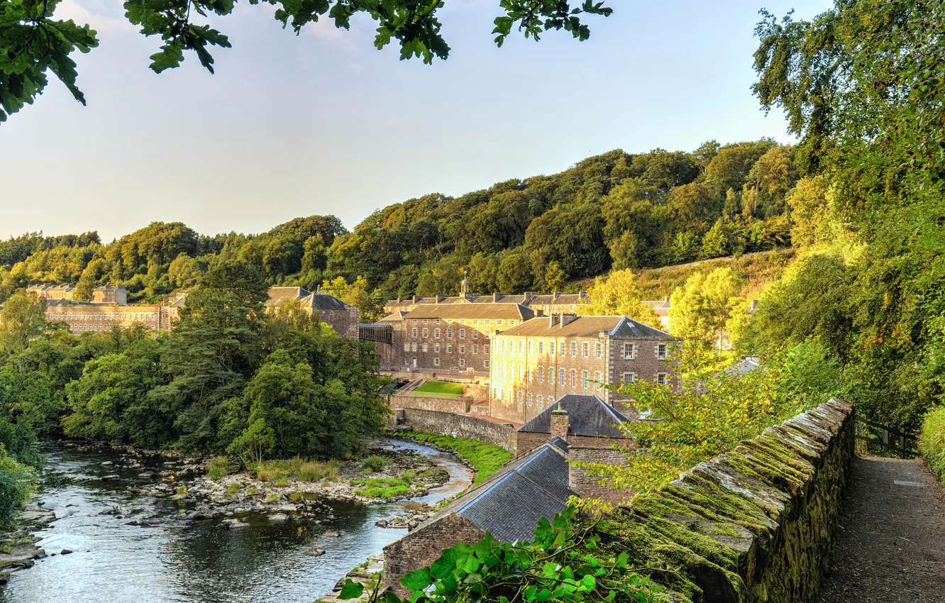 Photo wallpaper the sky, trees, the city, river, home