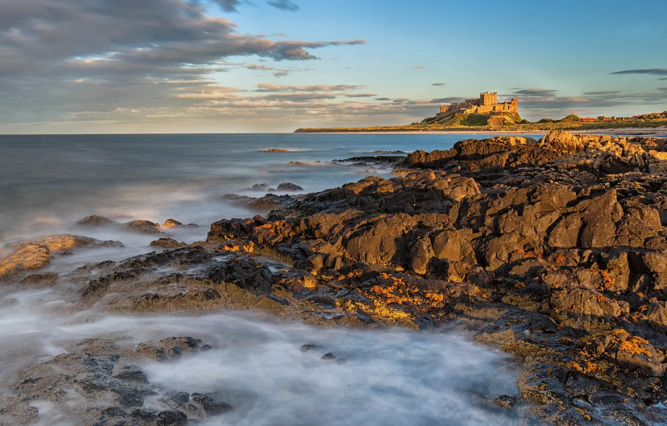 Photo wallpaper sea, the sky, clouds, castle, rocks, fortress
