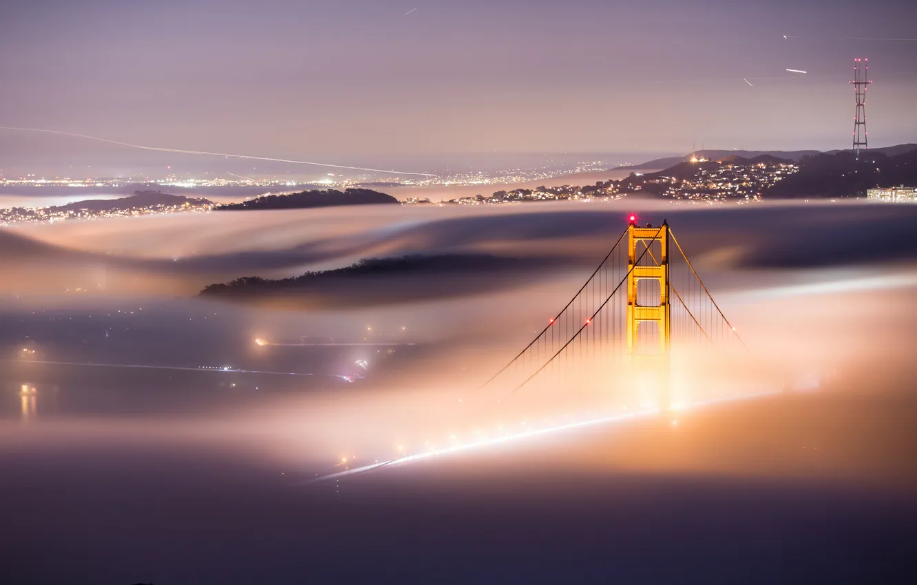Photo wallpaper night, the city, lights, fog, San Francisco, USA, the Golden Gate bridge