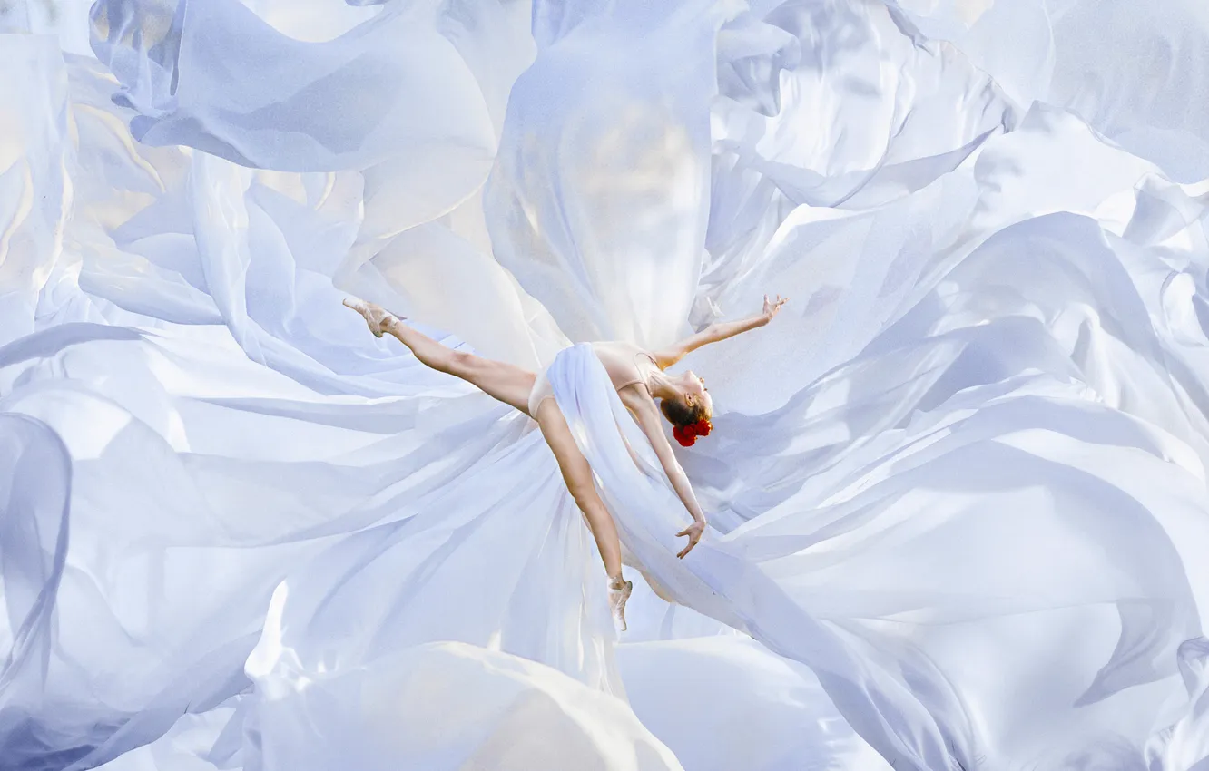 Photo wallpaper white, girl, light, pose, background, jump, feet, dance