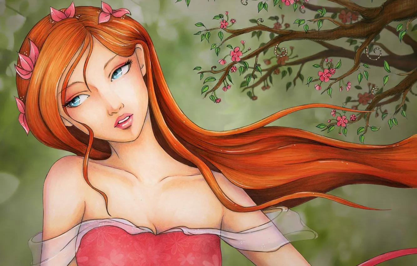 Photo wallpaper look, girl, trees, flowers, face, hair, dress