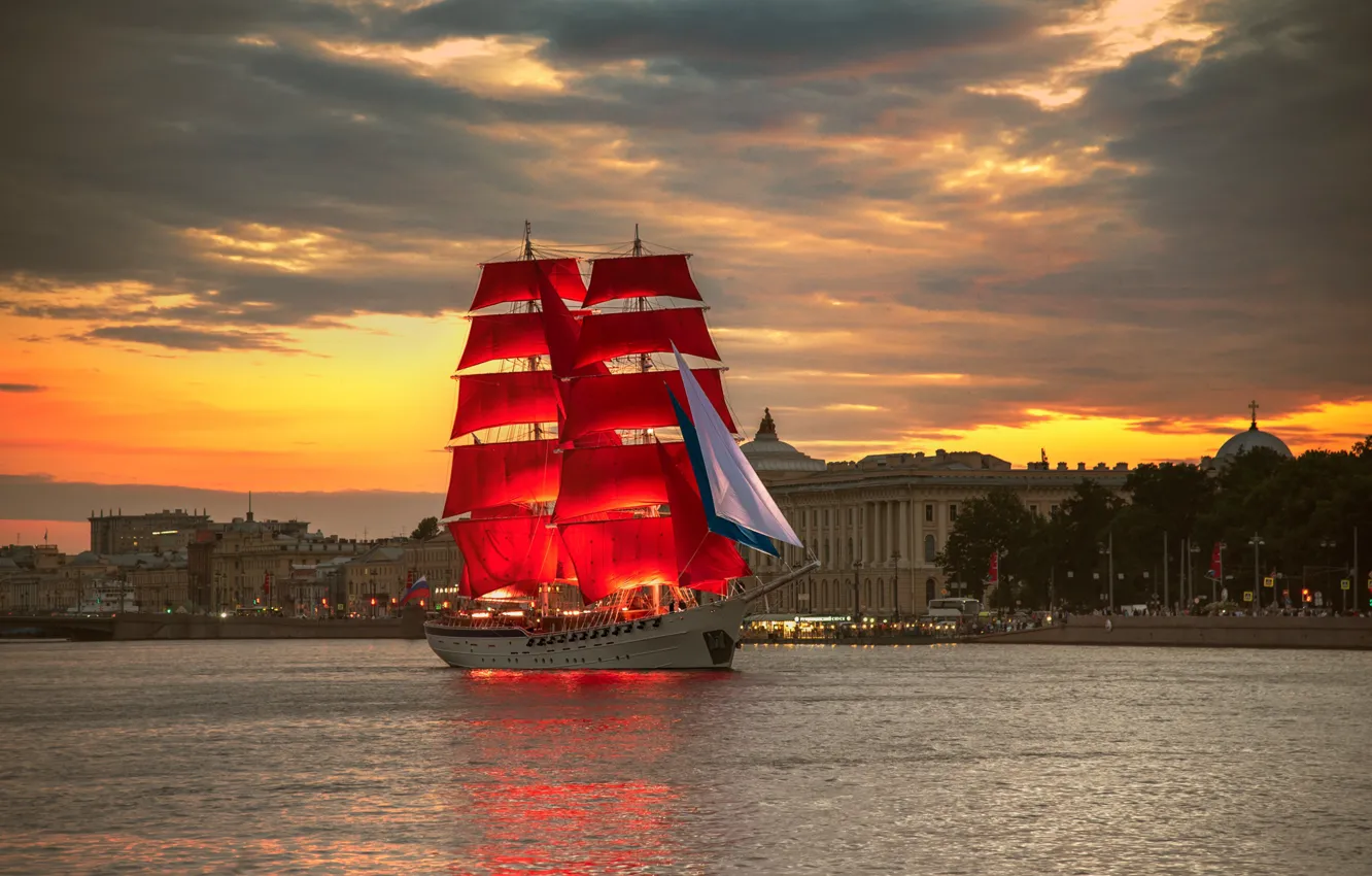 Photo wallpaper sunset, the city, river, ship, Peter, Saint Petersburg, Neva, Scarlet sails