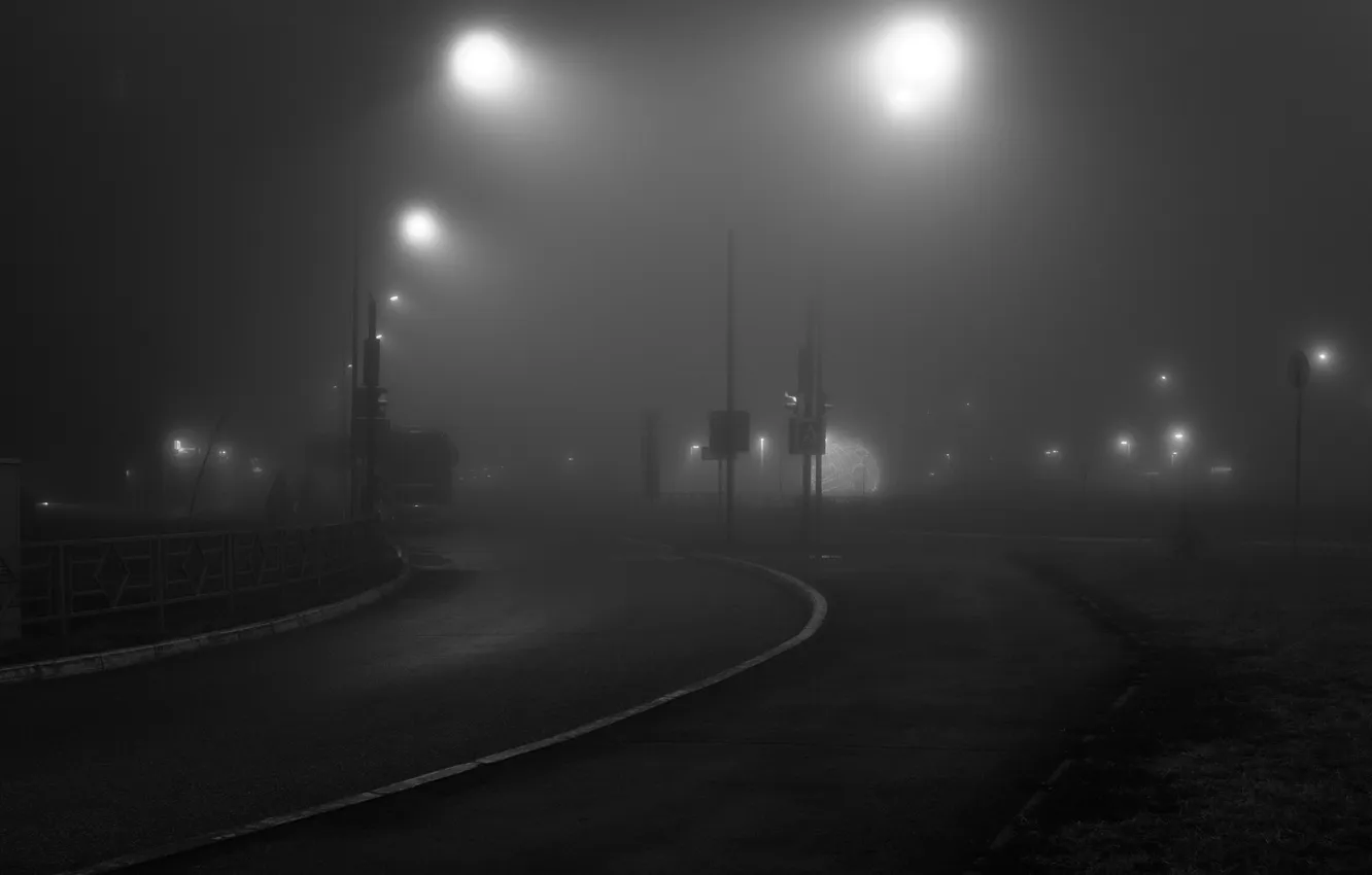 Photo wallpaper road, night, the city, fog, black and white, lighting, lights, Russia