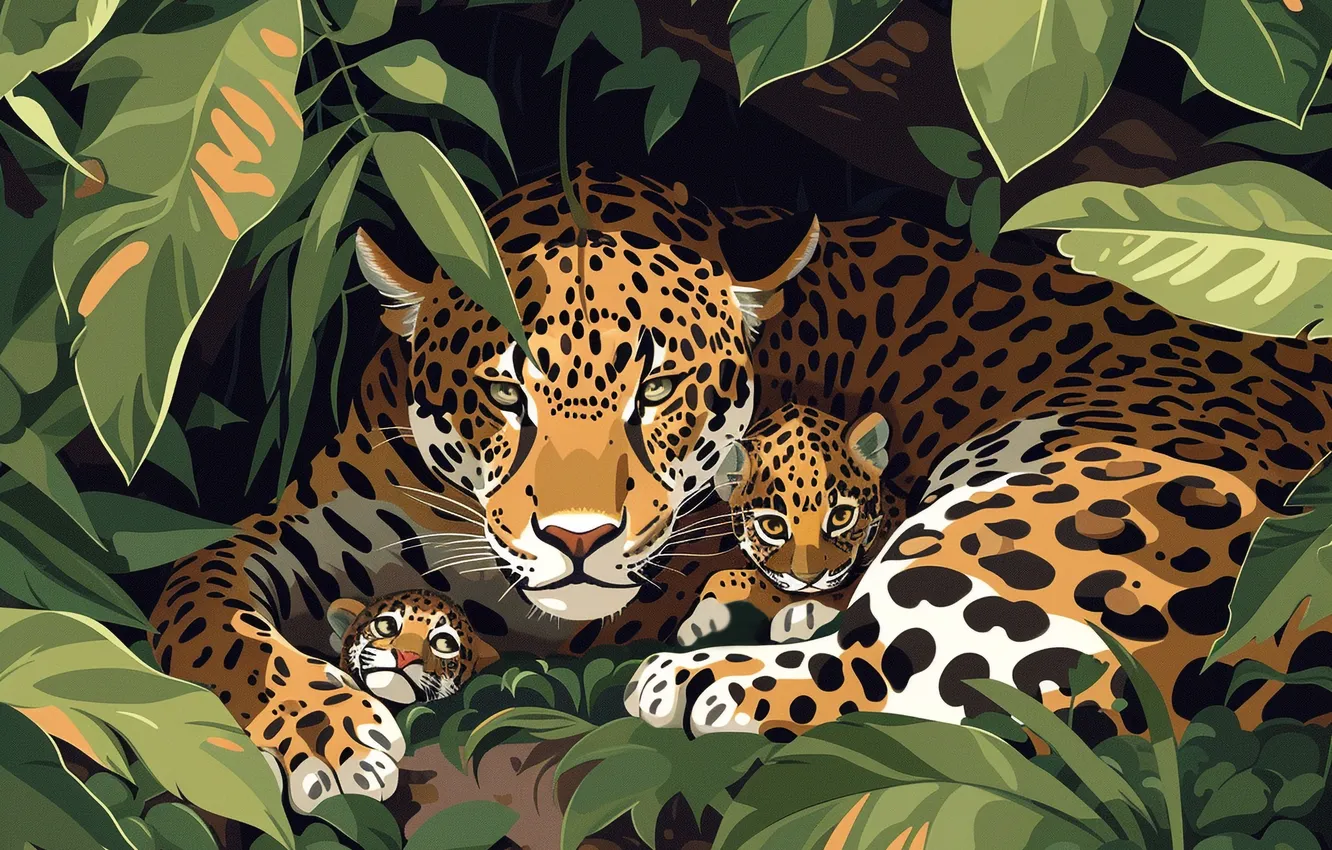 Photo wallpaper Grass, Look, Kittens, Jungle, Art, Three, Digital art, Predators