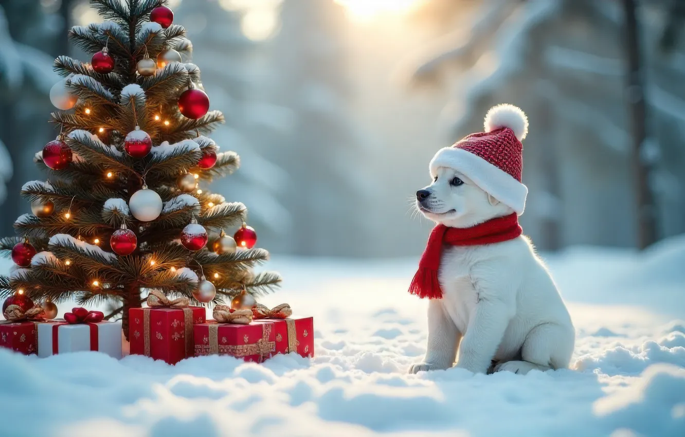 Photo wallpaper winter, frost, white, the sun, balls, snow, branches, fog