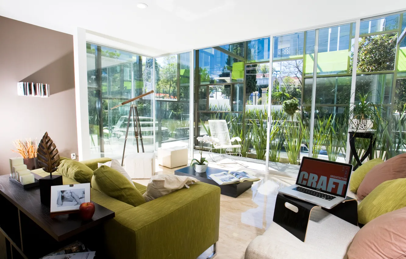 Photo wallpaper flowers, room, furniture, plant, interior, pillow, window, laptop