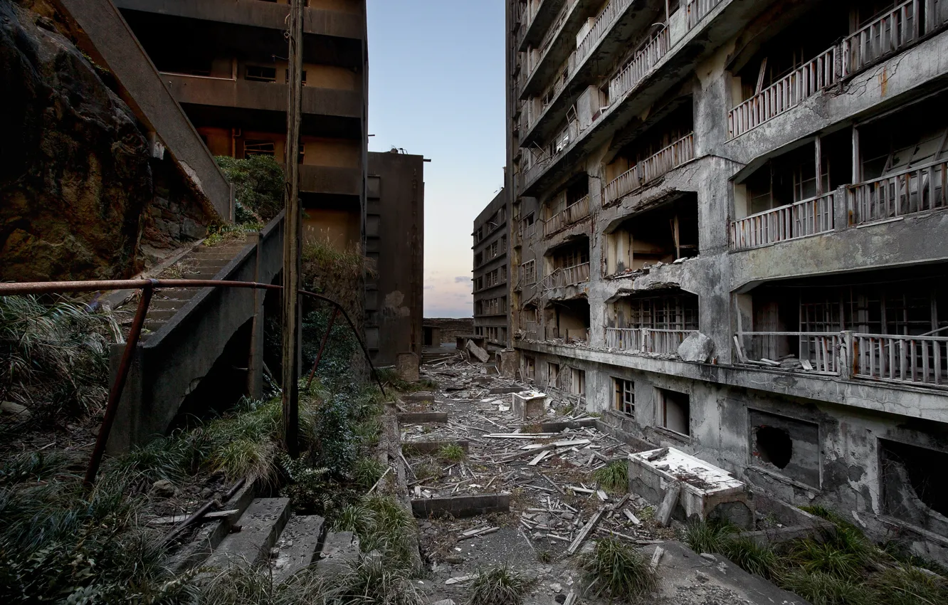 Photo wallpaper building, home, Japan, ladder, ruins, architecture, hashima island