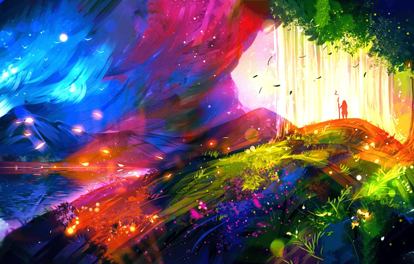 Photo wallpaper colors, colorful, Landscape, night, art, figure, mountain, lake