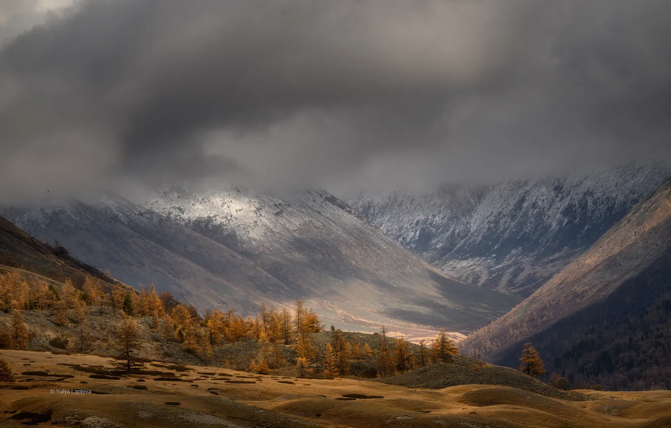 Photo wallpaper clouds, mountains, valley, Light and Darkness, Lapteva Julia