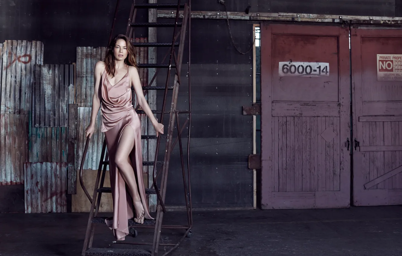 Photo wallpaper barefoot, figure, dress, actress, the door, hairstyle, ladder, brown hair