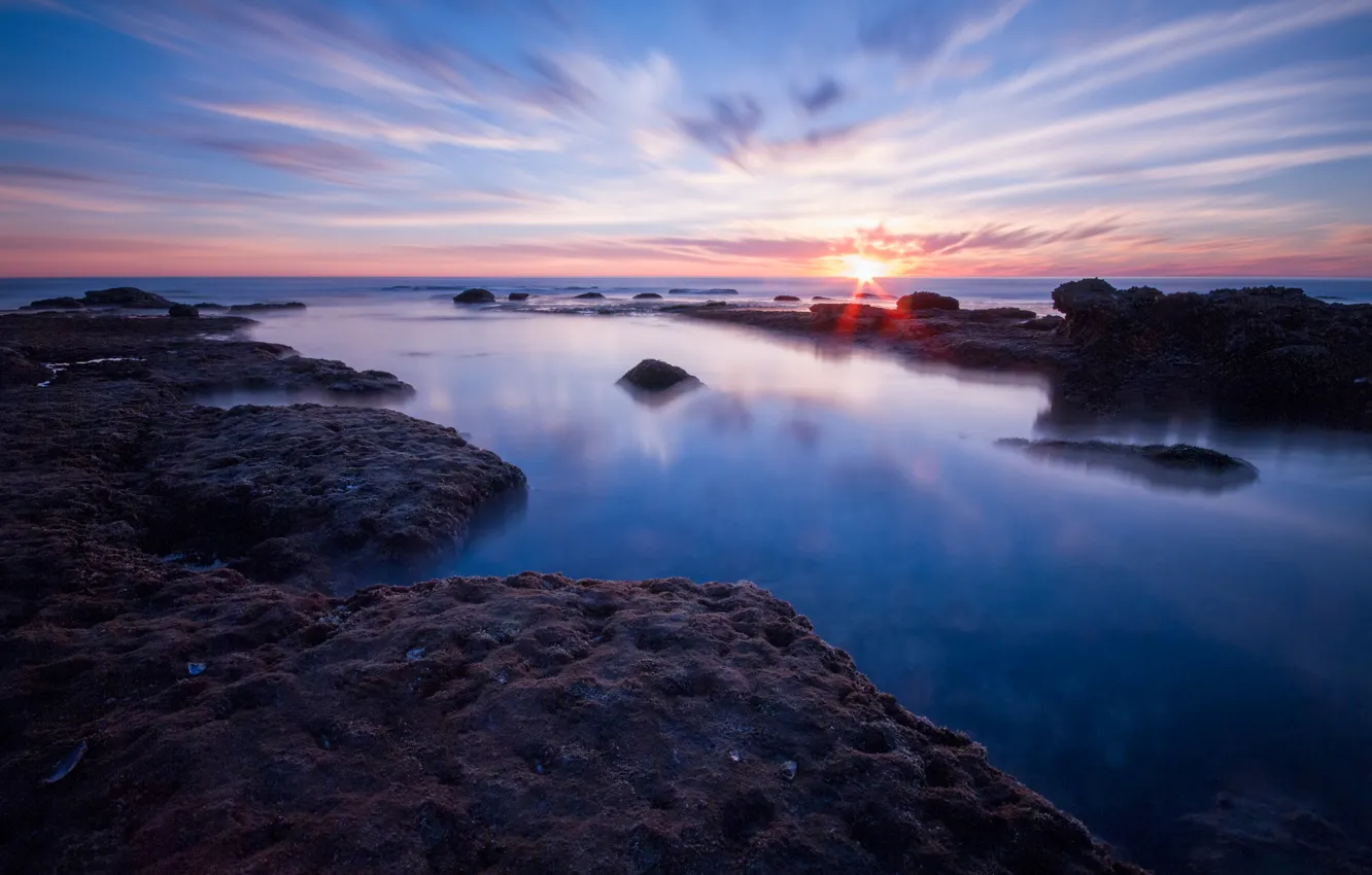 Photo wallpaper sea, beach, the sun, sunrise, stones, horizon