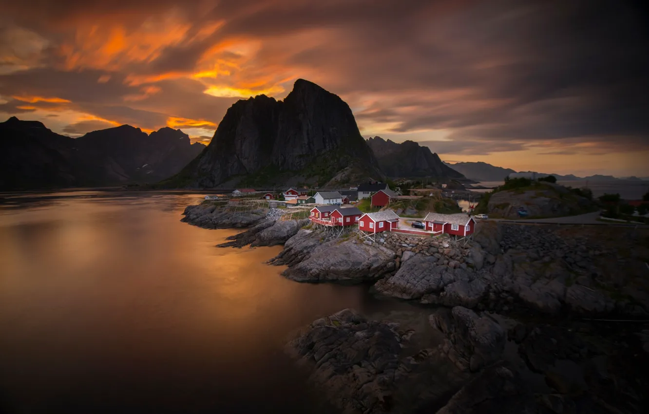 Photo wallpaper sea, the sky, clouds, sunset, mountains, home, the evening, Norway