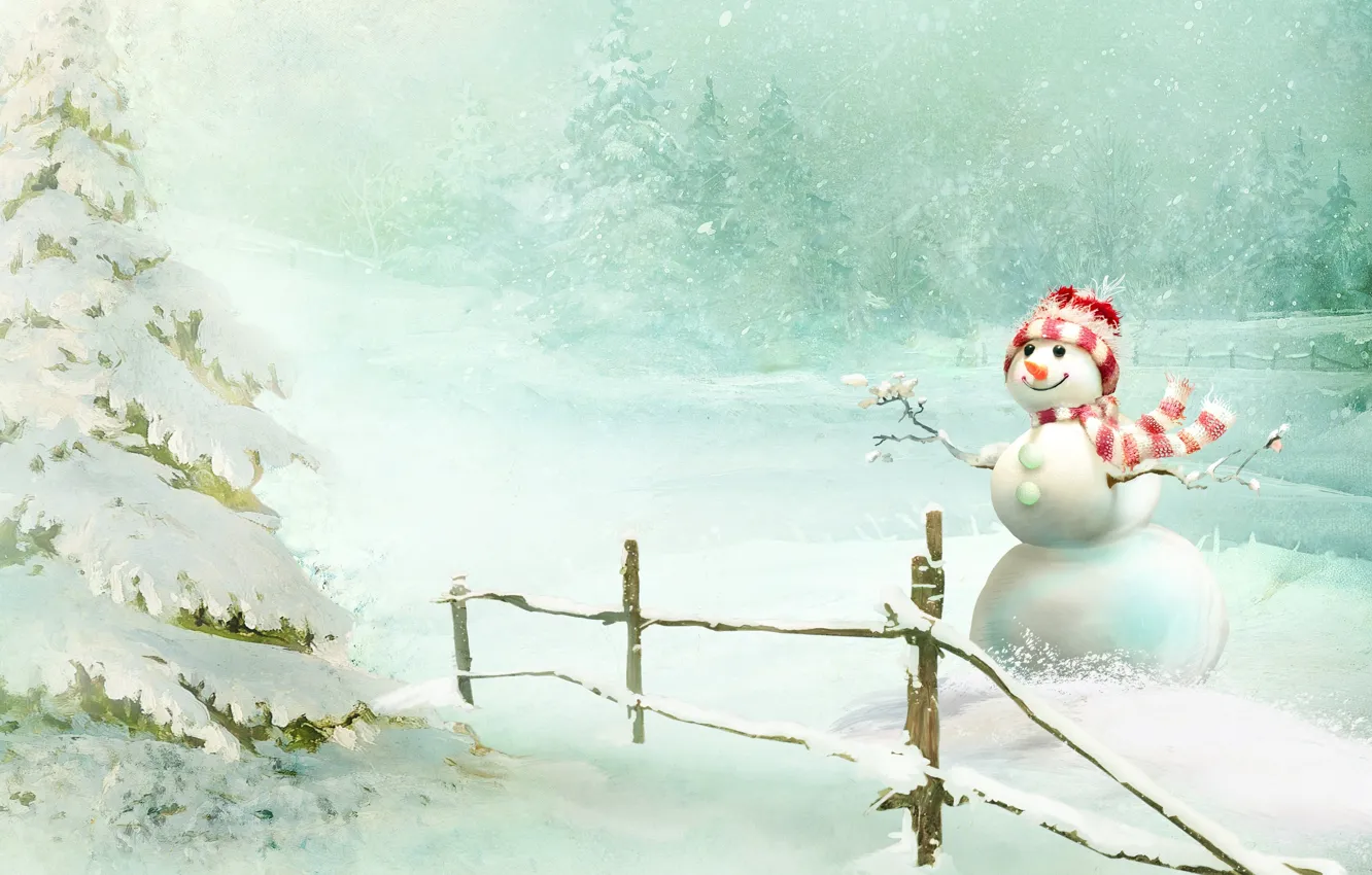Photo wallpaper forest, snow, smile, tree, snowman, scarf, snowfall