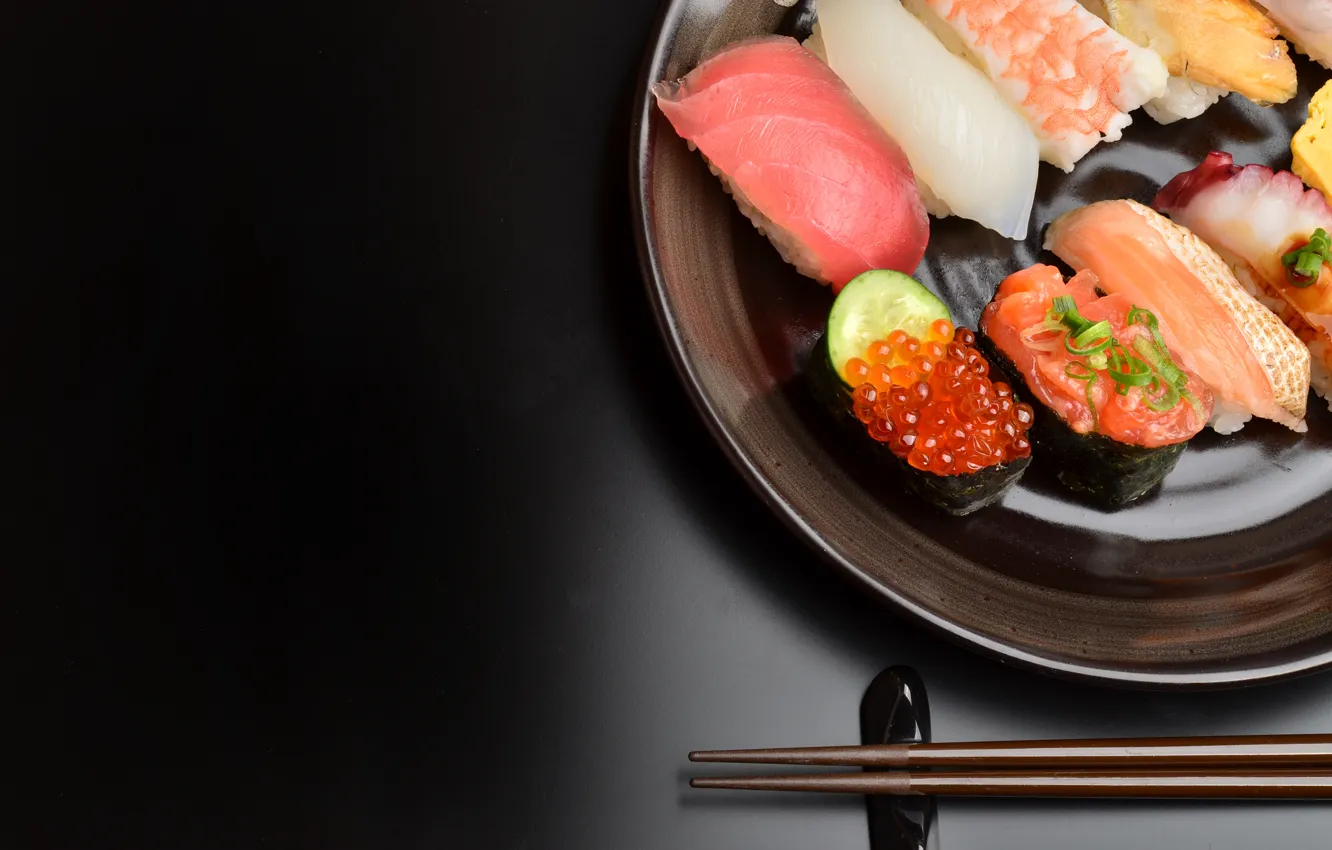 Photo wallpaper food, fish, black background, caviar, sushi, seafood, cuts, fillet