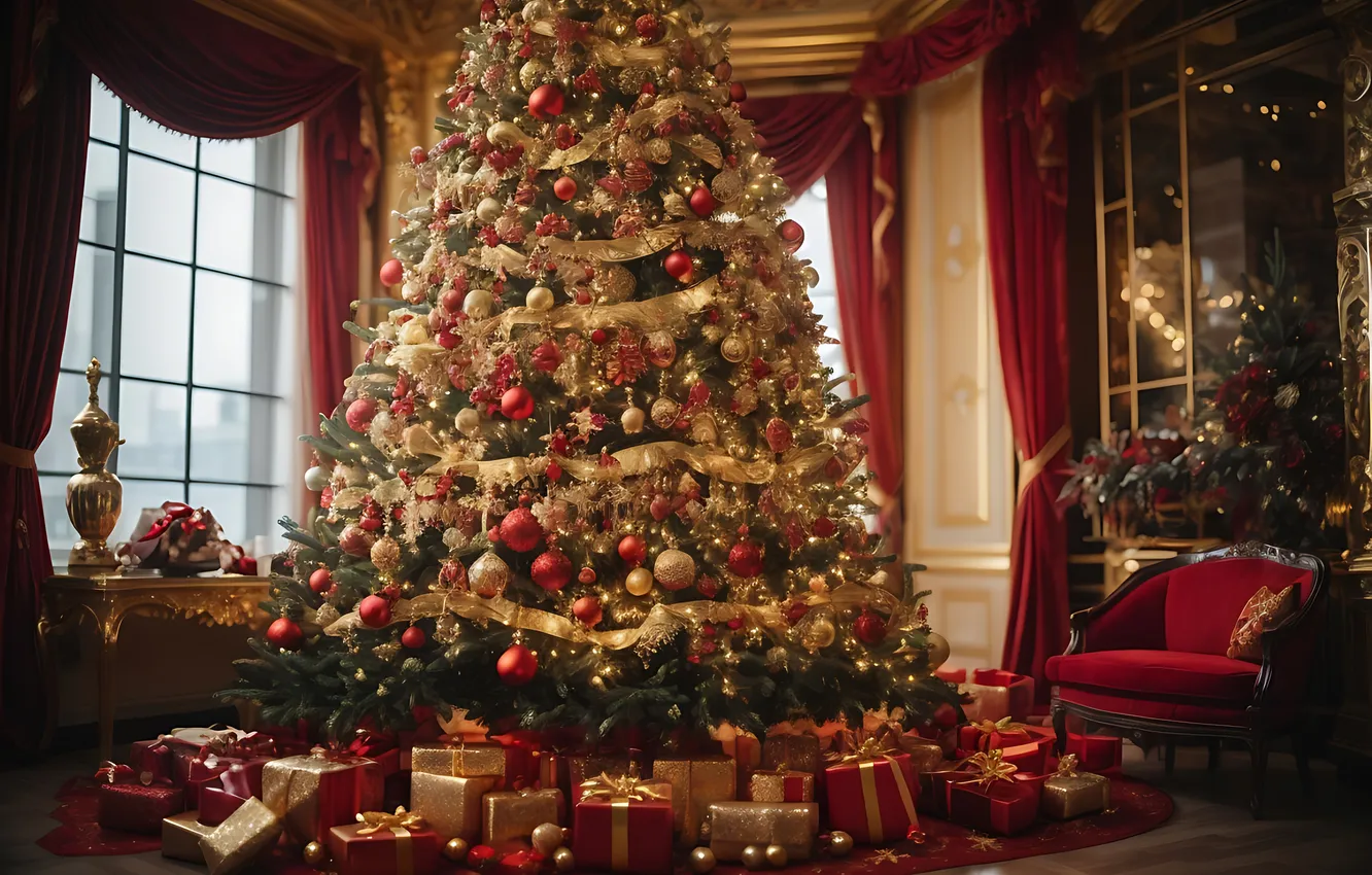 Photo wallpaper decoration, room, balls, tree, interior, Christmas, gifts, New year