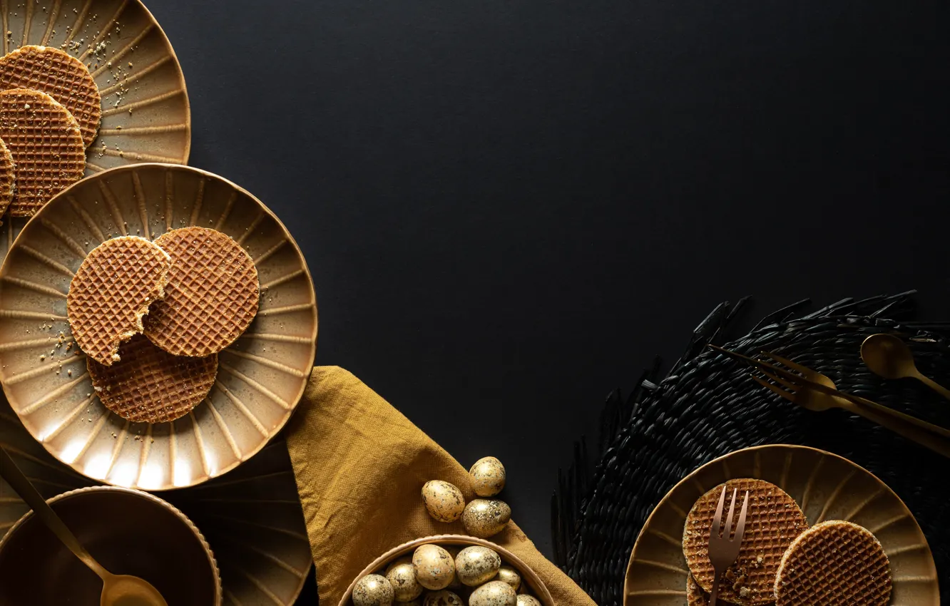 Photo wallpaper food, eggs, plate, fabric, waffles, cakes, quail eggs