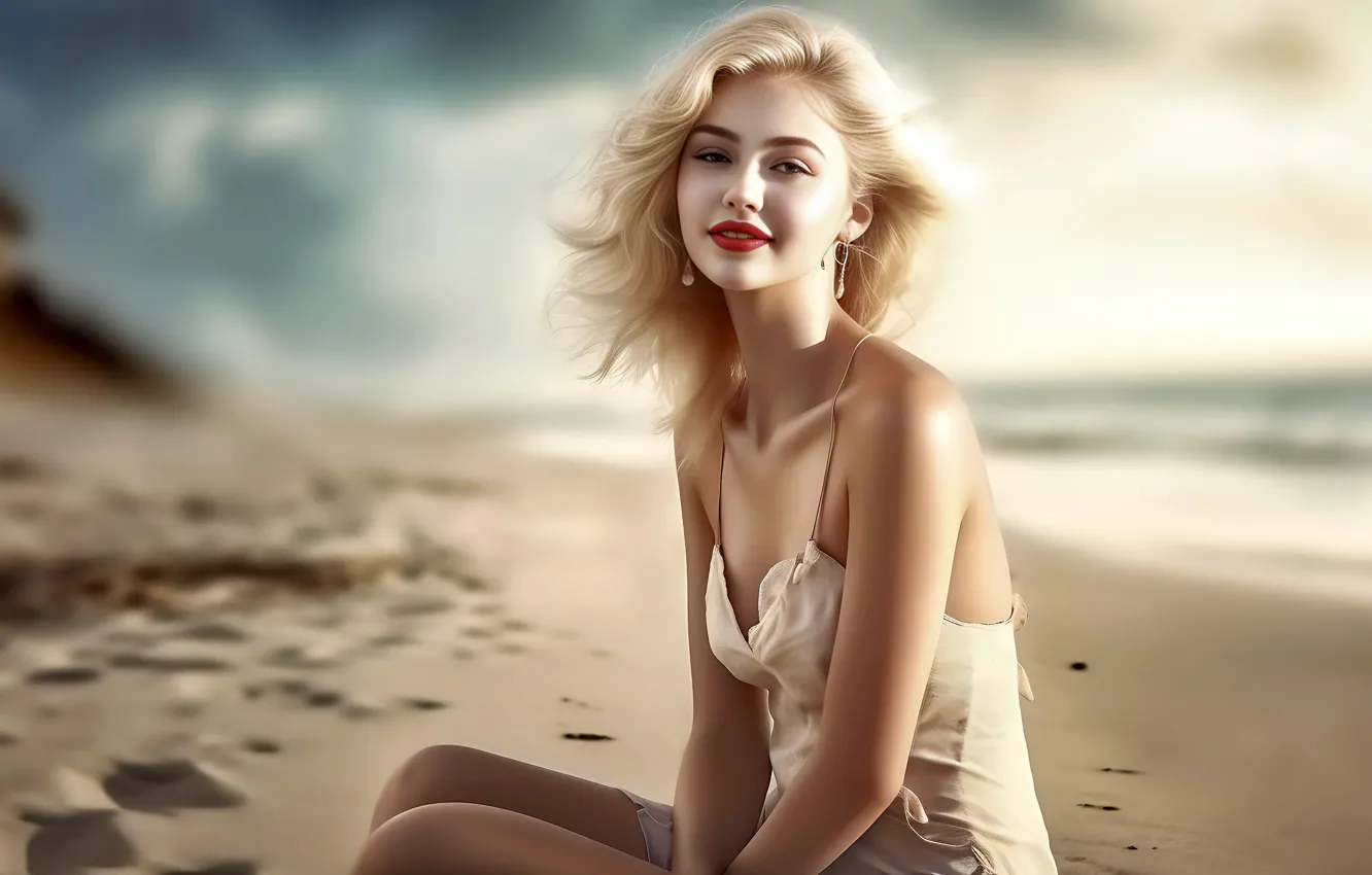 Photo wallpaper sand, sea, beach, summer, the sky, look, girl, light