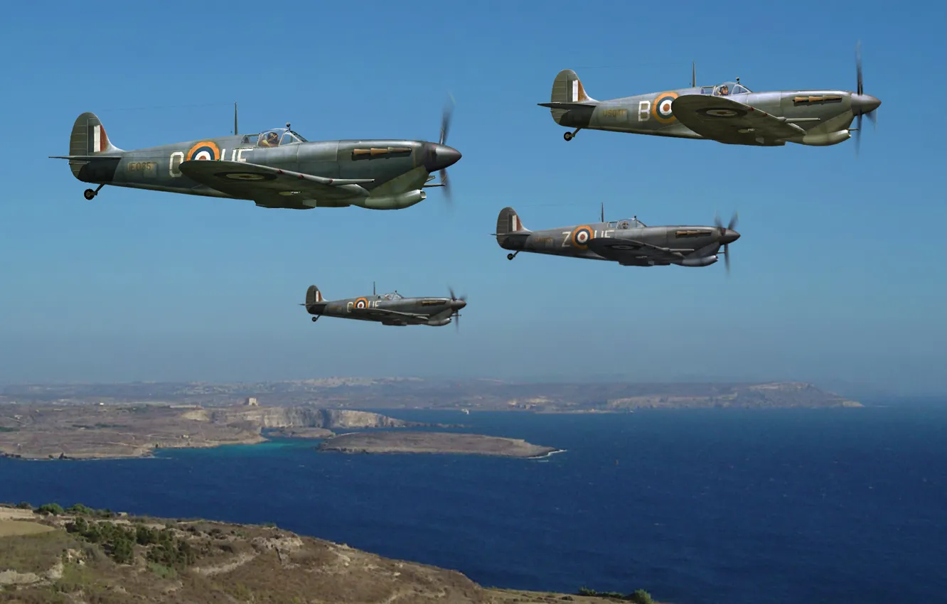 Photo wallpaper the sky, figure, art, fighters, WW2, British, Supermarine Seafire, the English channel