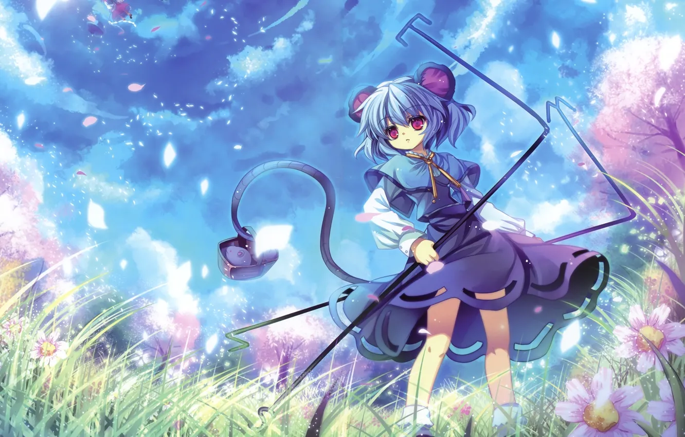 Photo wallpaper girl, flowers, Sakura, mouse, day, tail, ears, touhou