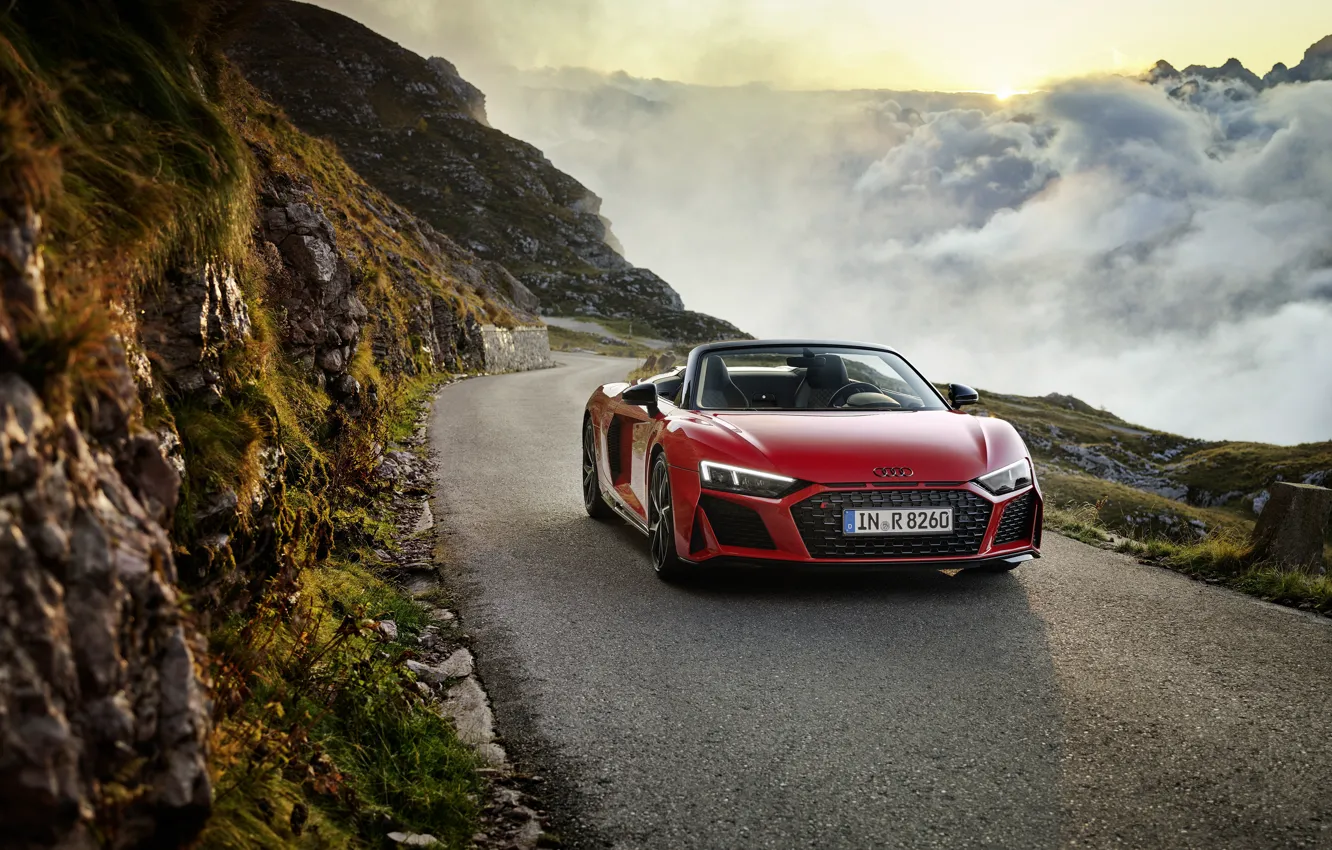 Photo wallpaper sunset, mountains, the evening, Audi R8, Spyder, V10, 2020, RWD
