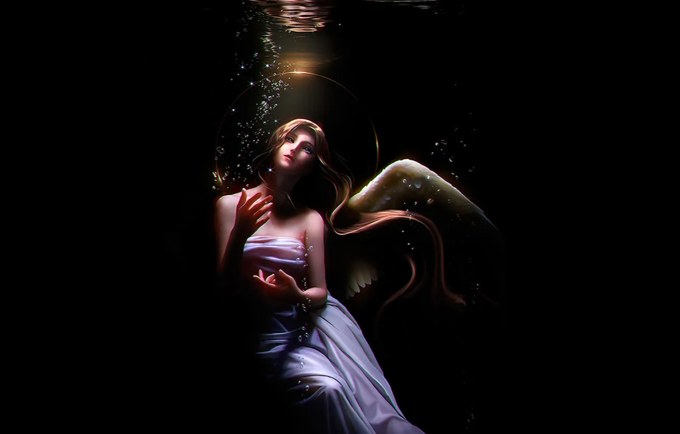 Photo wallpaper water, bubbles, darkness, wings, angel