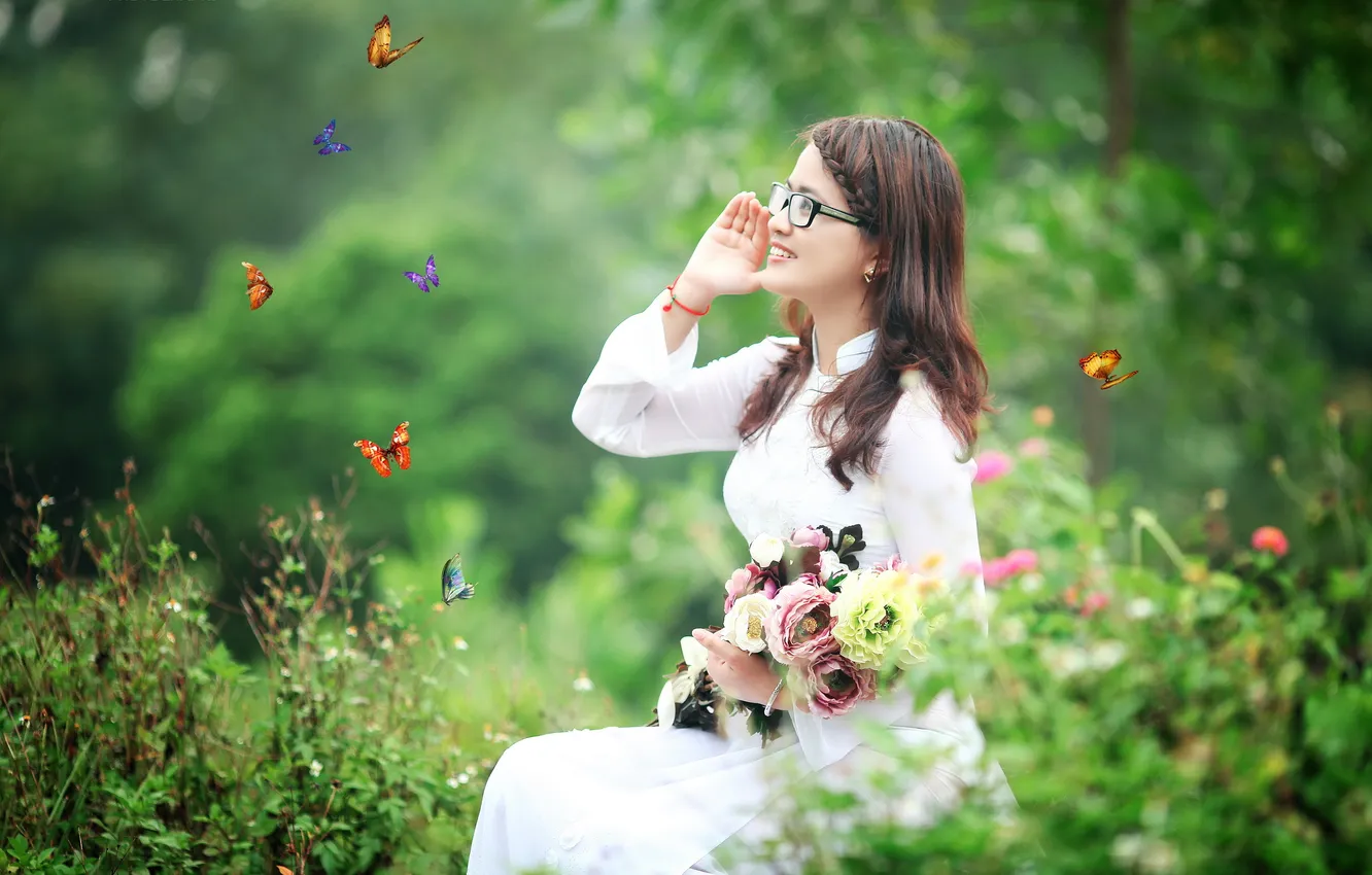 Photo wallpaper girl, butterfly, mood, Asian