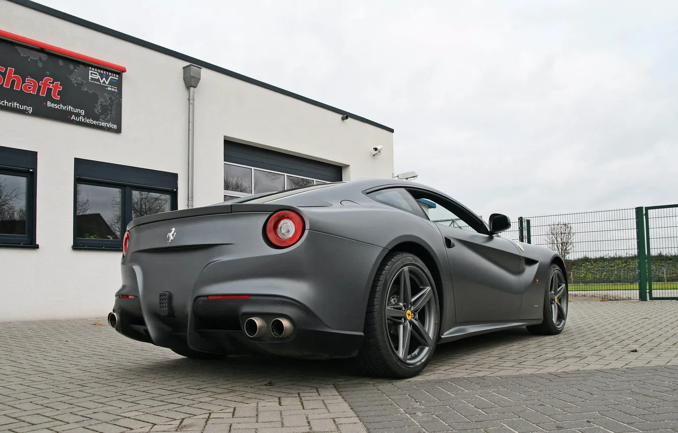 Photo wallpaper building, silver, Ferrari, rear view, cam shaft, The Ferrari F12 Berlinetta