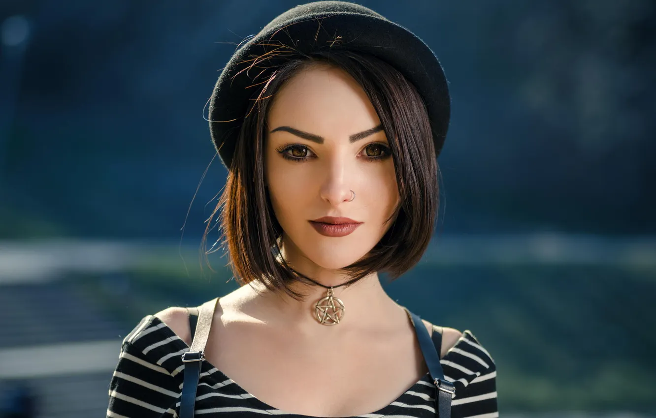Photo wallpaper hat, makeup, piercing, brown-eyed