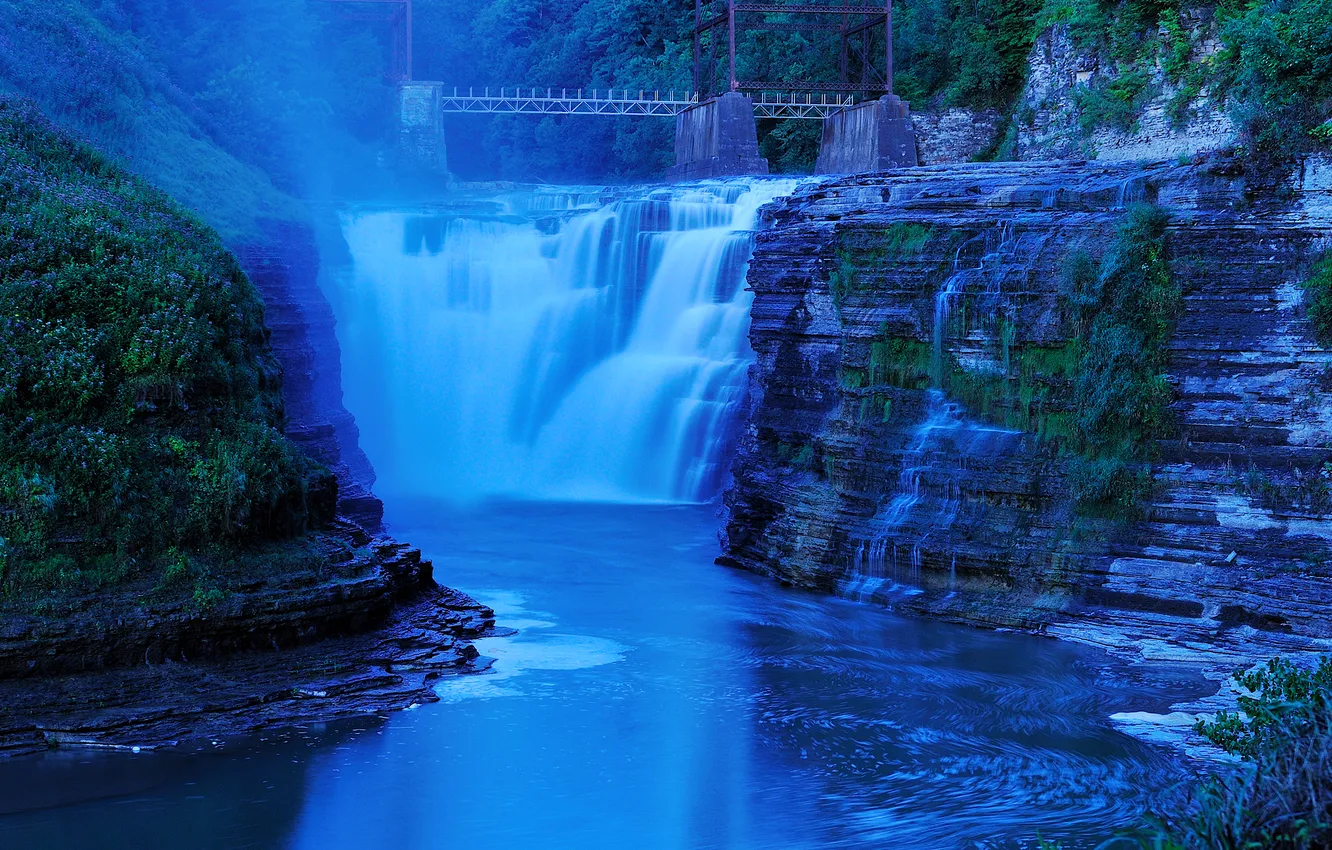 Photo wallpaper forest, trees, squirt, bridge, lake, river, rocks, waterfall