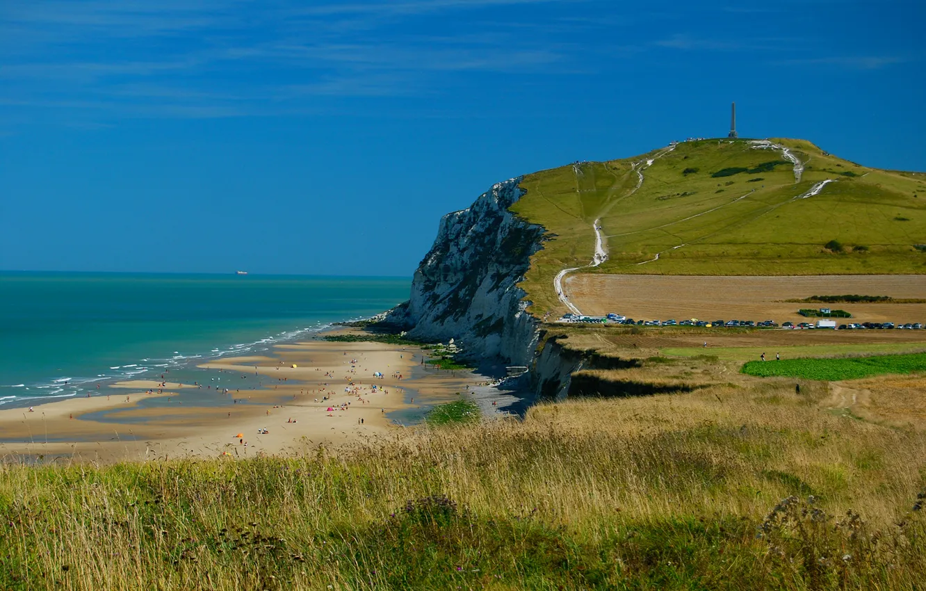 Photo wallpaper sea, beach, the sky, rocks, shore, people, tower