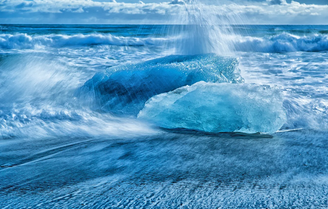 Photo wallpaper sea, wave, the sky, clouds, squirt, floe