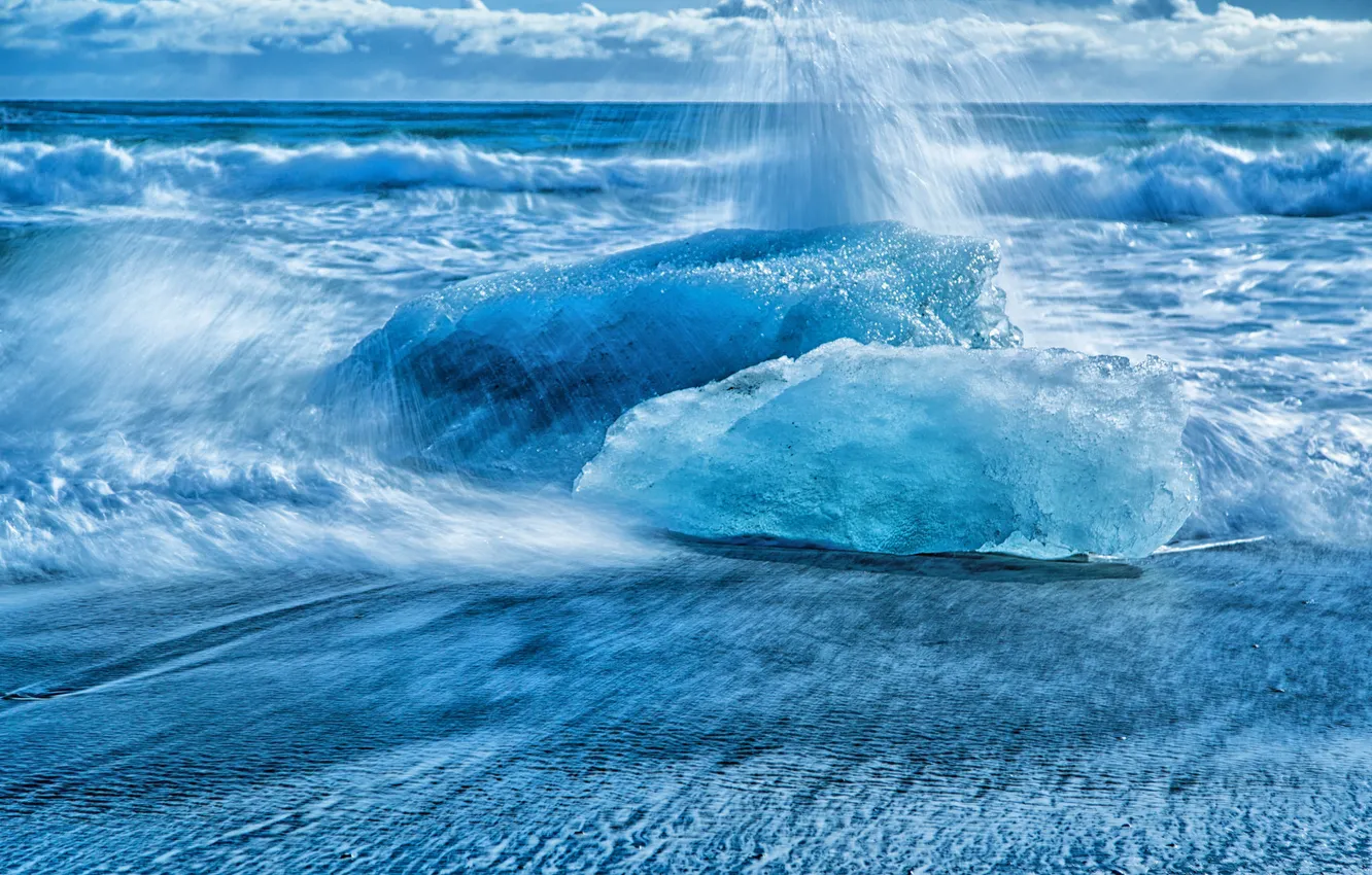 Photo wallpaper sea, wave, the sky, clouds, squirt, ice