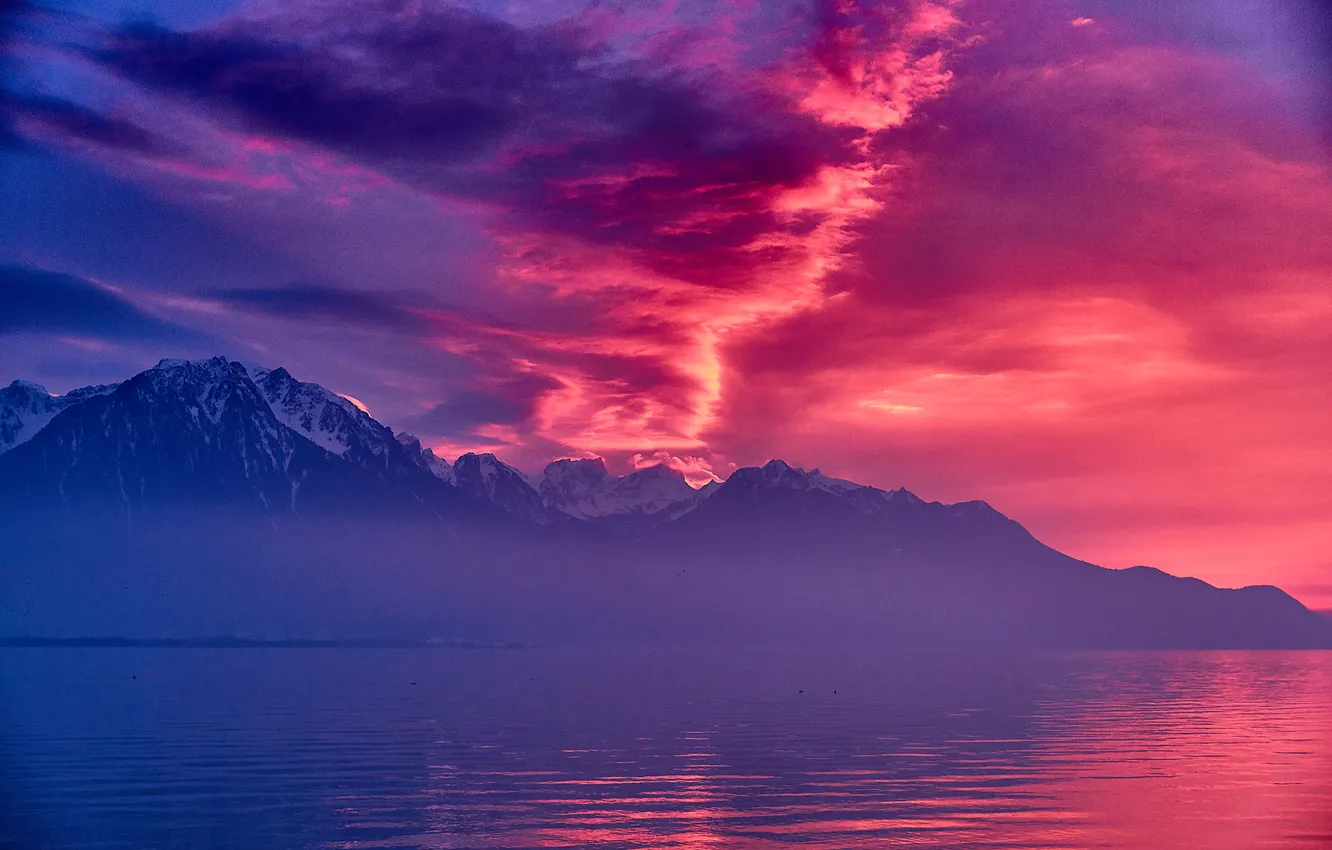 Photo wallpaper Pink, Clouds, Switzerland, Sunset, Lake, Montreux, Geneva