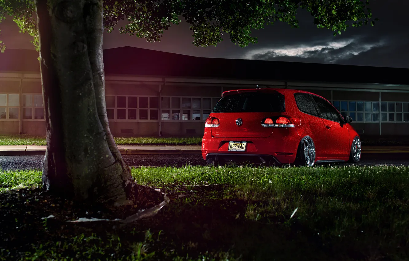 Photo wallpaper trees, night, red, Volkswagen, red, Golf, golf, GTI