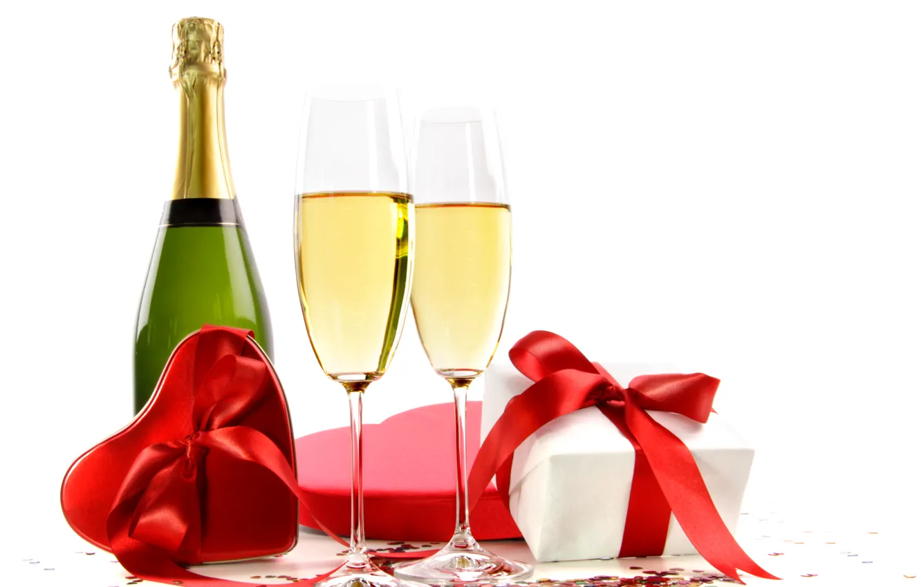 Photo wallpaper red, gift, wine, glass, bottle, hearts, white background, champagne