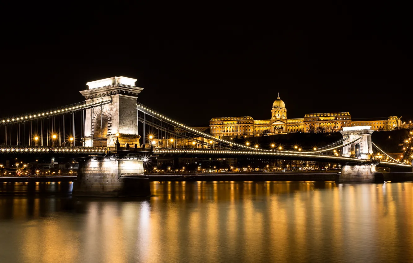 Photo wallpaper night, bridge, Hungary, Budapest