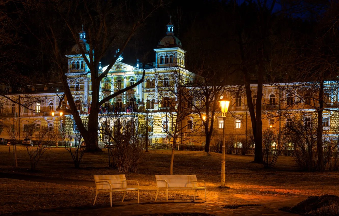 Photo wallpaper trees, night, lights, Park, the building, Czech Republic, lantern, benches
