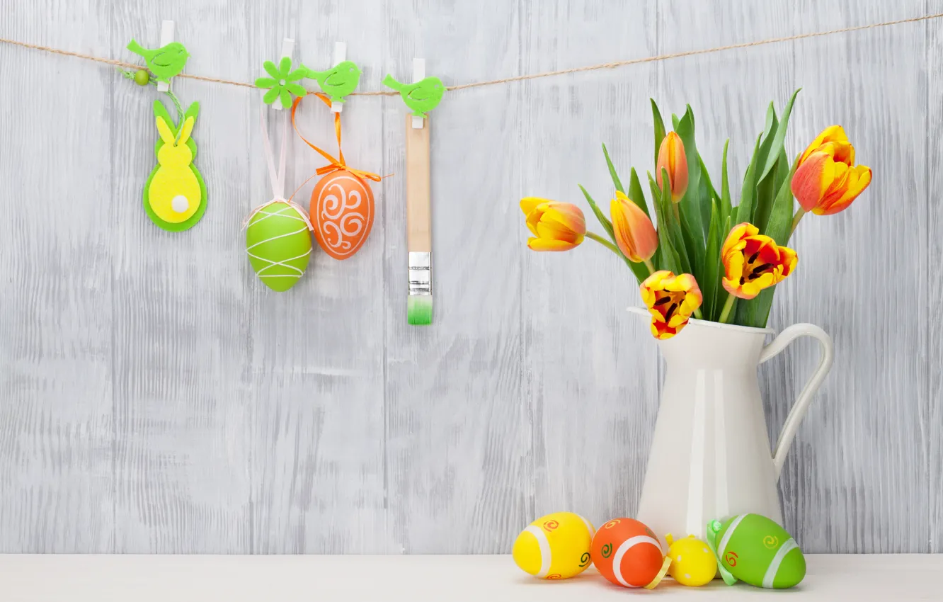 Photo wallpaper Easter, tulips, yellow, wood, tulips, spring, Easter, eggs