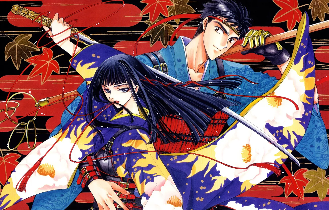 Photo wallpaper girl, sword, samurai, guy