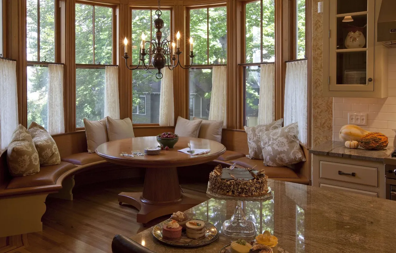 Photo wallpaper design, style, interior, smithy, dining room in the bay window