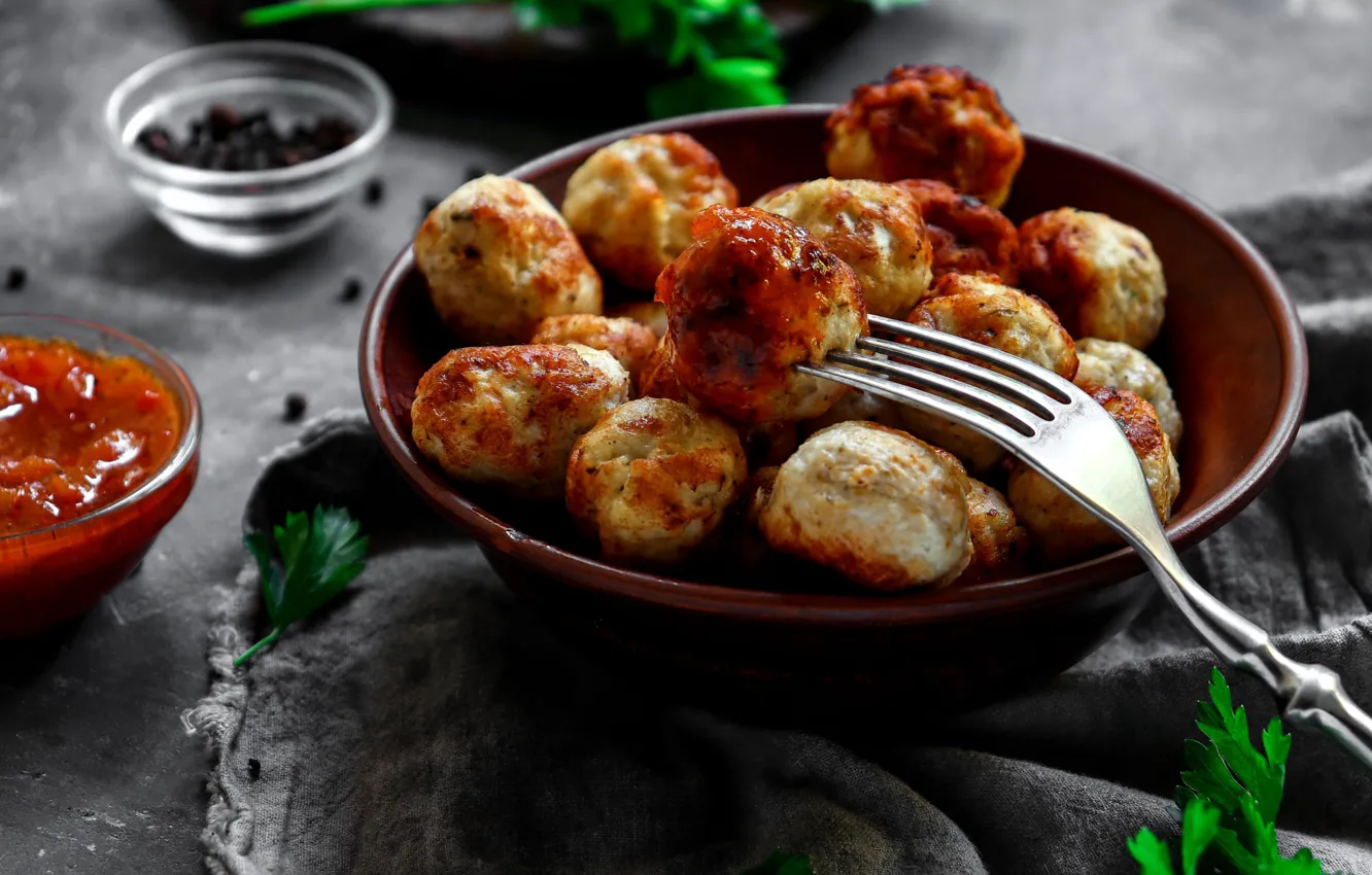 Photo wallpaper parsley, bowl, table, plug, towel, chicken, dish, meatballs