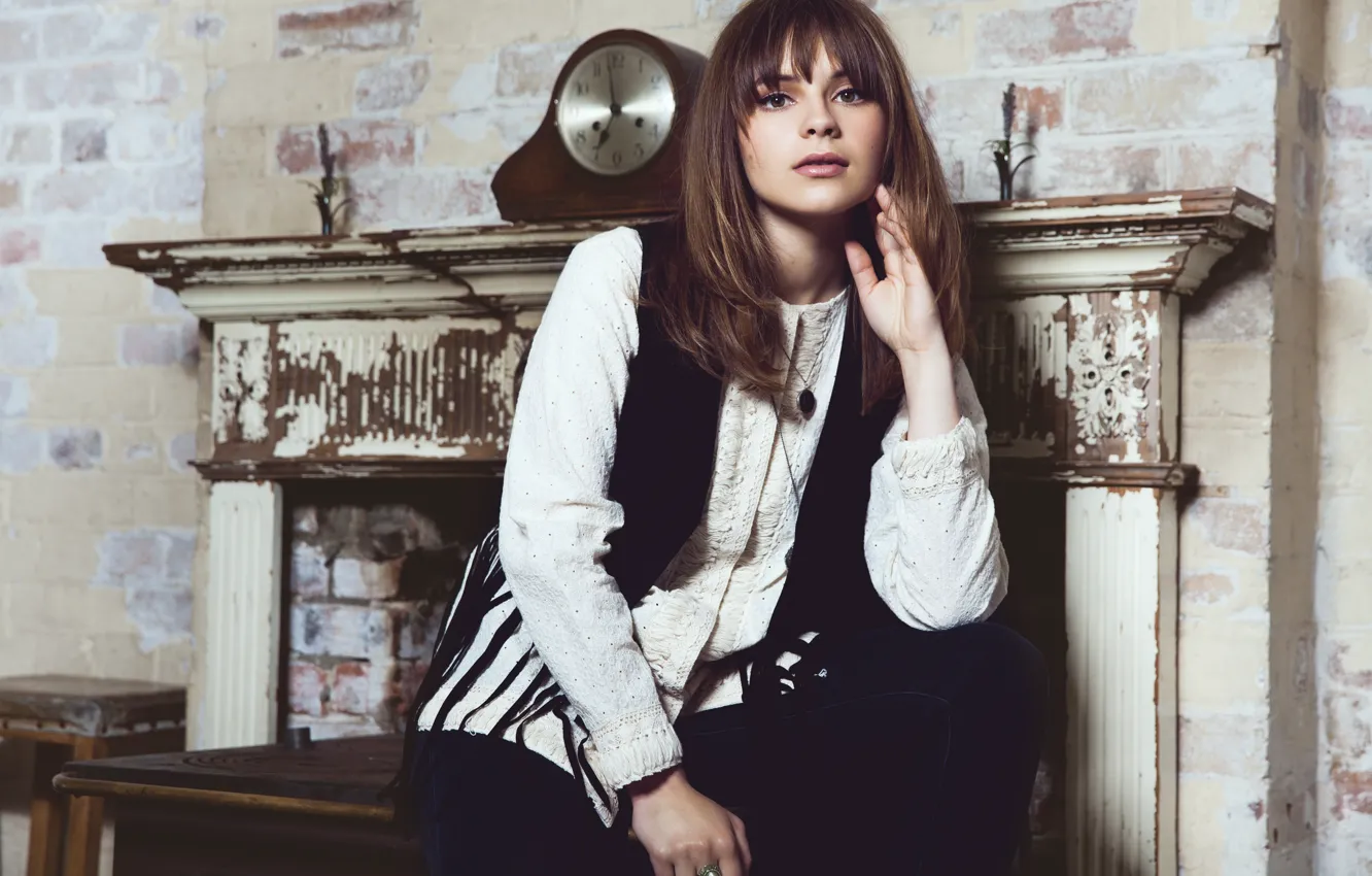 Photo wallpaper pose, watch, singer, fireplace, Gabrielle Aplin