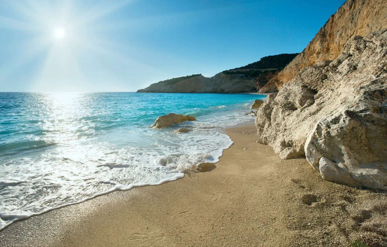 Photo wallpaper sand, sea, the sun, nature, rocks, coast, Greece, Greece