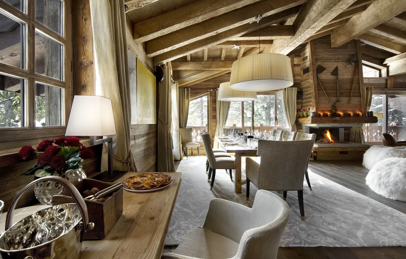 Photo wallpaper Chalet, style, interior, dining room, living room, fireplace, design