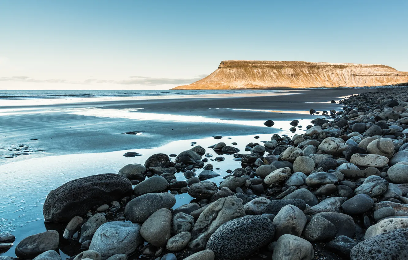 Photo wallpaper shore, sea, pond, Iceland, rocks, stones