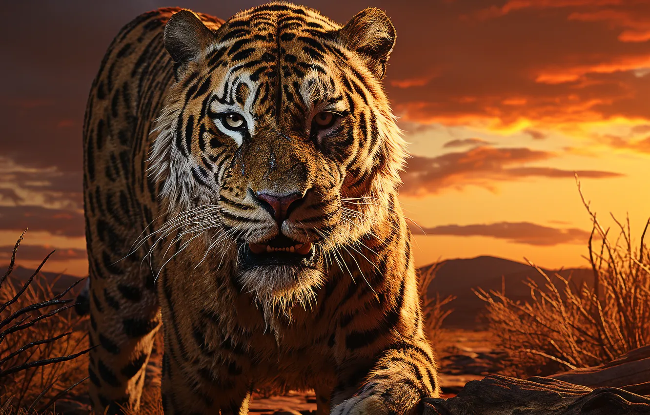 Photo wallpaper sky, animals, sunset, tiger, clouds, digital art, sunlight, wildlife