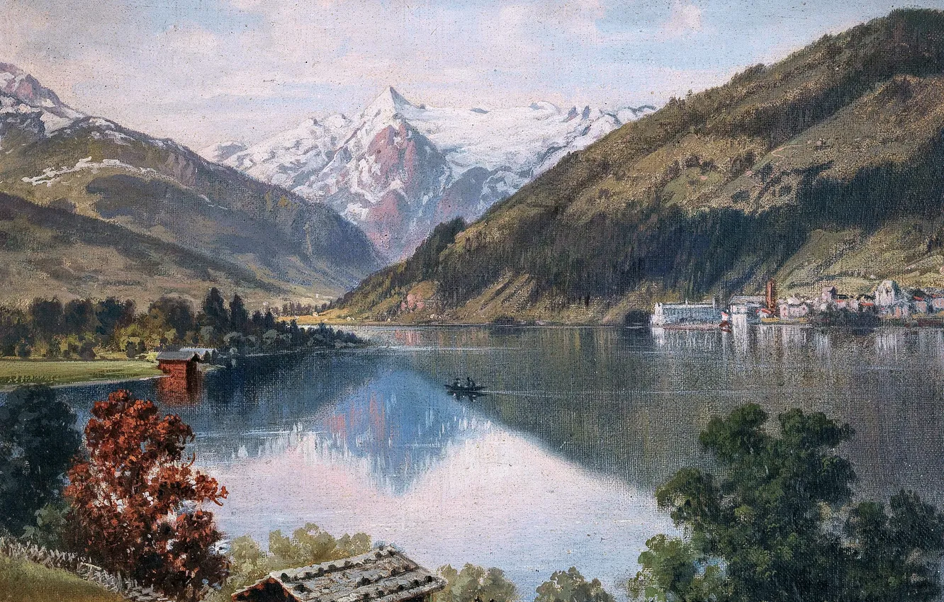 Photo wallpaper mountains, lake, home, picture, Austrian artist, Zell am See with Kitzsteinhorn Mountain, Martin Schmiderer, Martin …