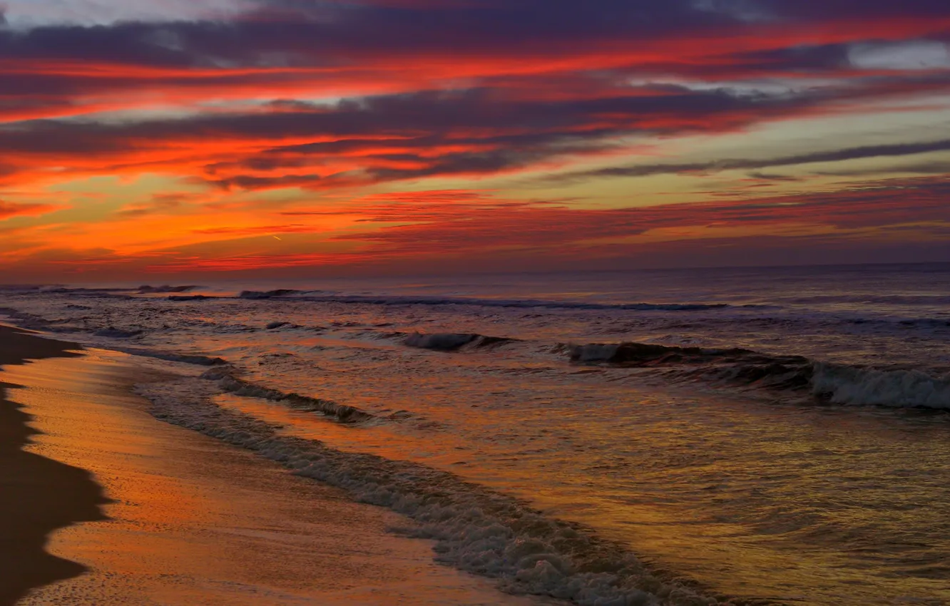 Photo wallpaper sand, sea, wave, beach, the sky, clouds, sunset, red