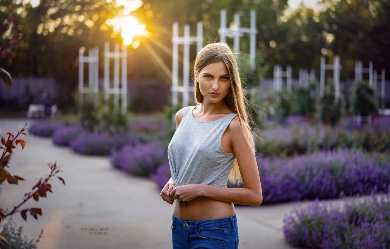 Photo wallpaper pose, model, portrait, jeans, makeup, garden, Mike, figure